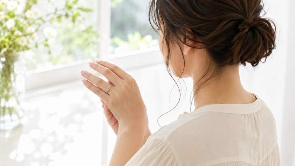 ウェーブのエタニティリングをつけている女性