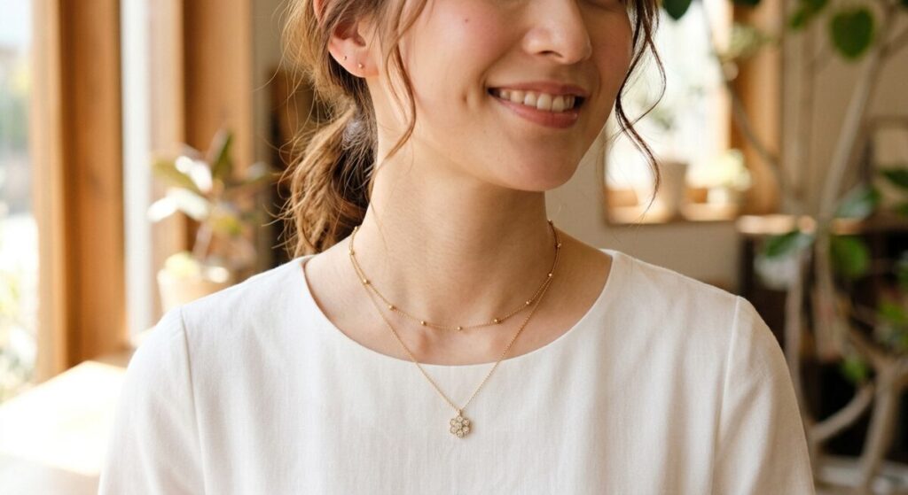 花モチーフのネックレスを重ねづけしている女性
