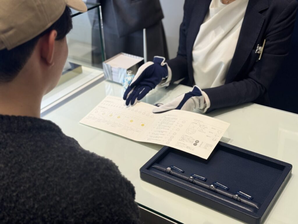 4Cの説明を聞く男性