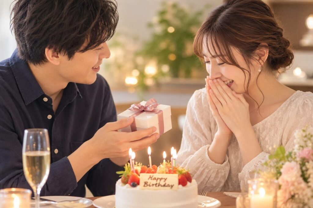 誕生日プレゼントを渡すカップル